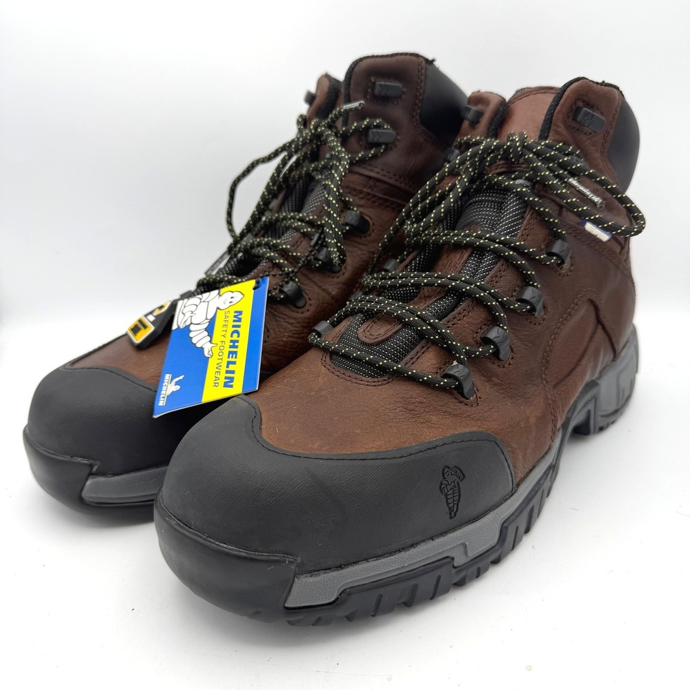 Michelin Mens‎ 12W HydroEdge Steel Toe Work Boots Brown Waterproof Oil Resistant